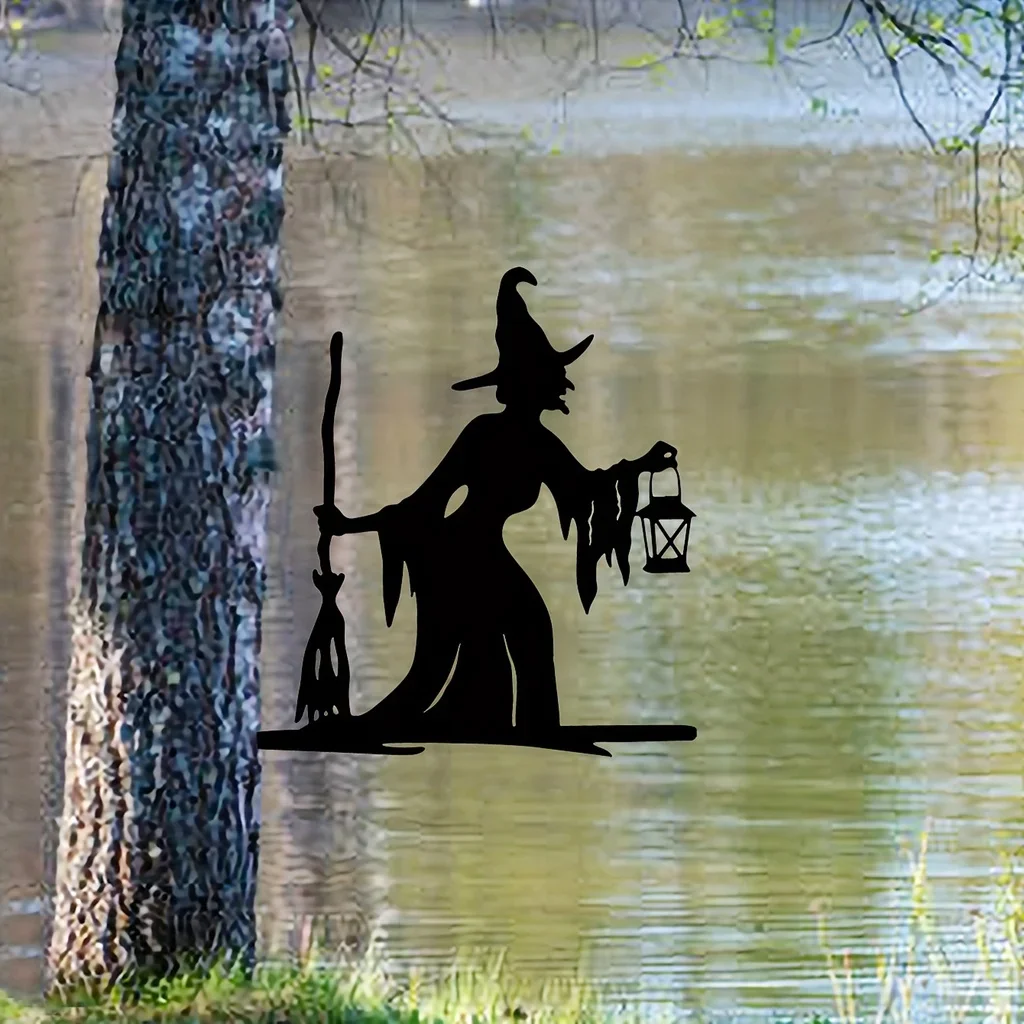 1szt Witch Lantern On Branch Steel Silhouette Metal Wall Art Home Garden Yard Patio Outdoor Statue Stake Decoration Perfect