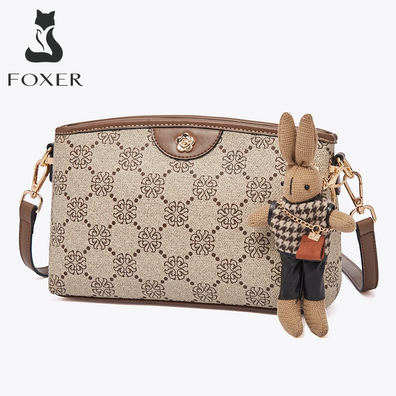 FOXER Women PVC Monogram Print Crossbody Bag Lovely Rabbit Shoulder Bag Multi-Pocket Female Adjustable Strap Khaki Messenger Bag