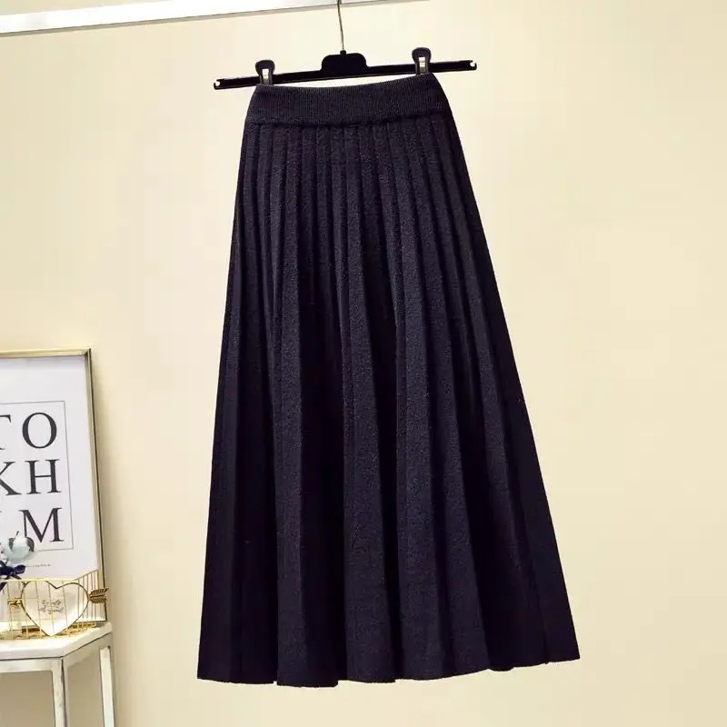 High-waist Knitted Sweater Skirt for Women Mid-length Fashion A-line Large Sway Lazy Style Thick Pleated Skirt