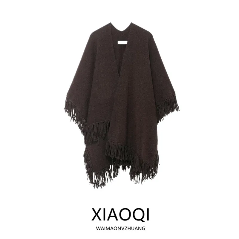 

Winter 2025 New Arrival Women's Knitted Cloak Coat Tassel Trimmed Mid-Length Open Cardigan Sle Faionable European Design