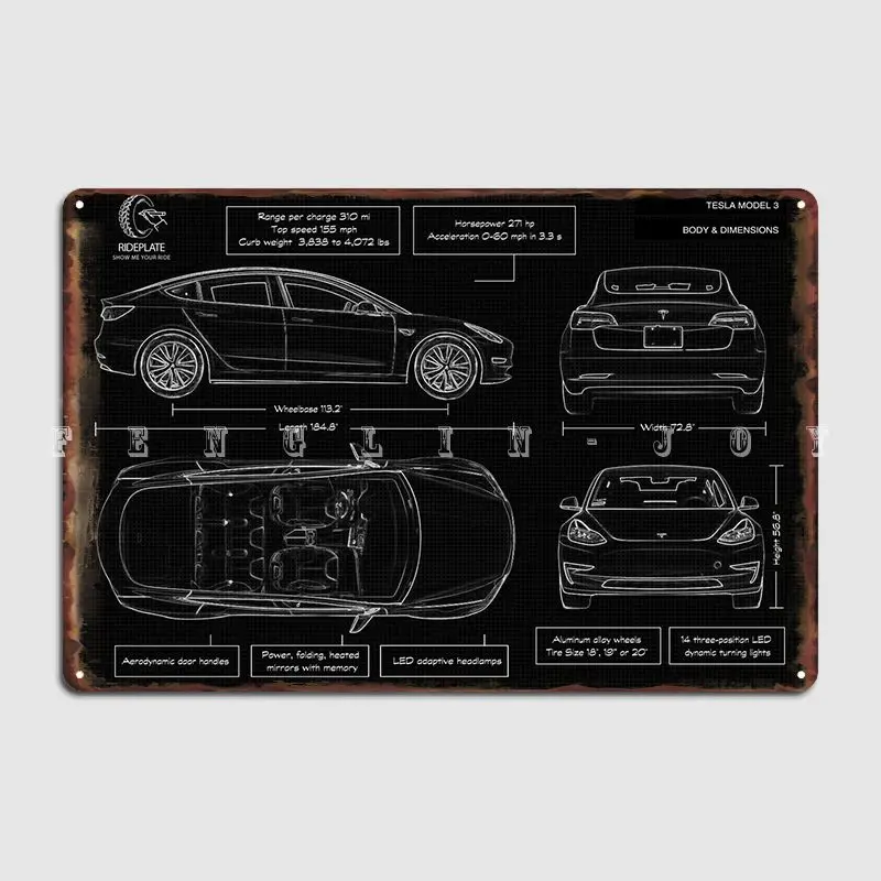 Tesla Model 3 Metal Sign Cinema Living Room Home Retro Poster Tin Sign Posters