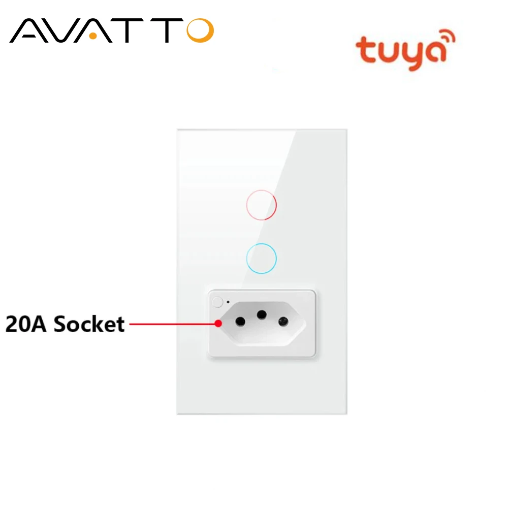 

Умный настенный выключатель AVATTO Wi-Fi и розетка 20А, бразильский стандарт, выключатель света со стеклянной панелью 4X2, работа для Alexa Google Home
