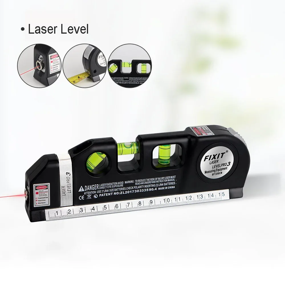Multipurpose Laser Level Kit with Metric Rulers, Standard Cross Line Laser Leveler Beam, 8ft, 2.5m