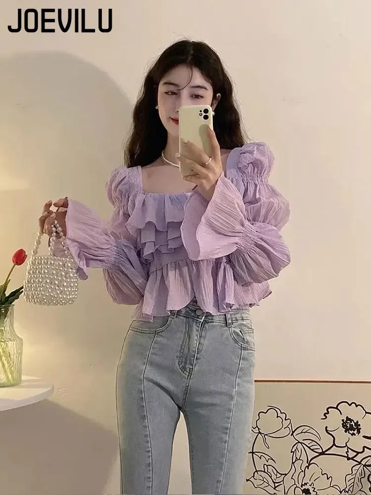 JOEVILU Purple Long Sleeve Shirt Square Collar Sweet Fairy Flared Sleeve Blouses Summer Korean Fashion Slim Fit Women\'s Tops