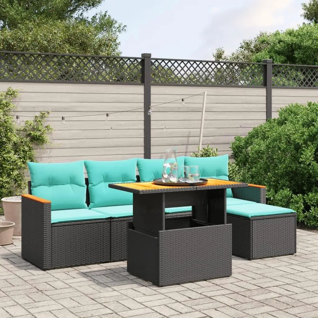 

Stylish 6 Piece Outdoor Patio Sofa Set with Cushions Black Poly Rattan Garden Furniture