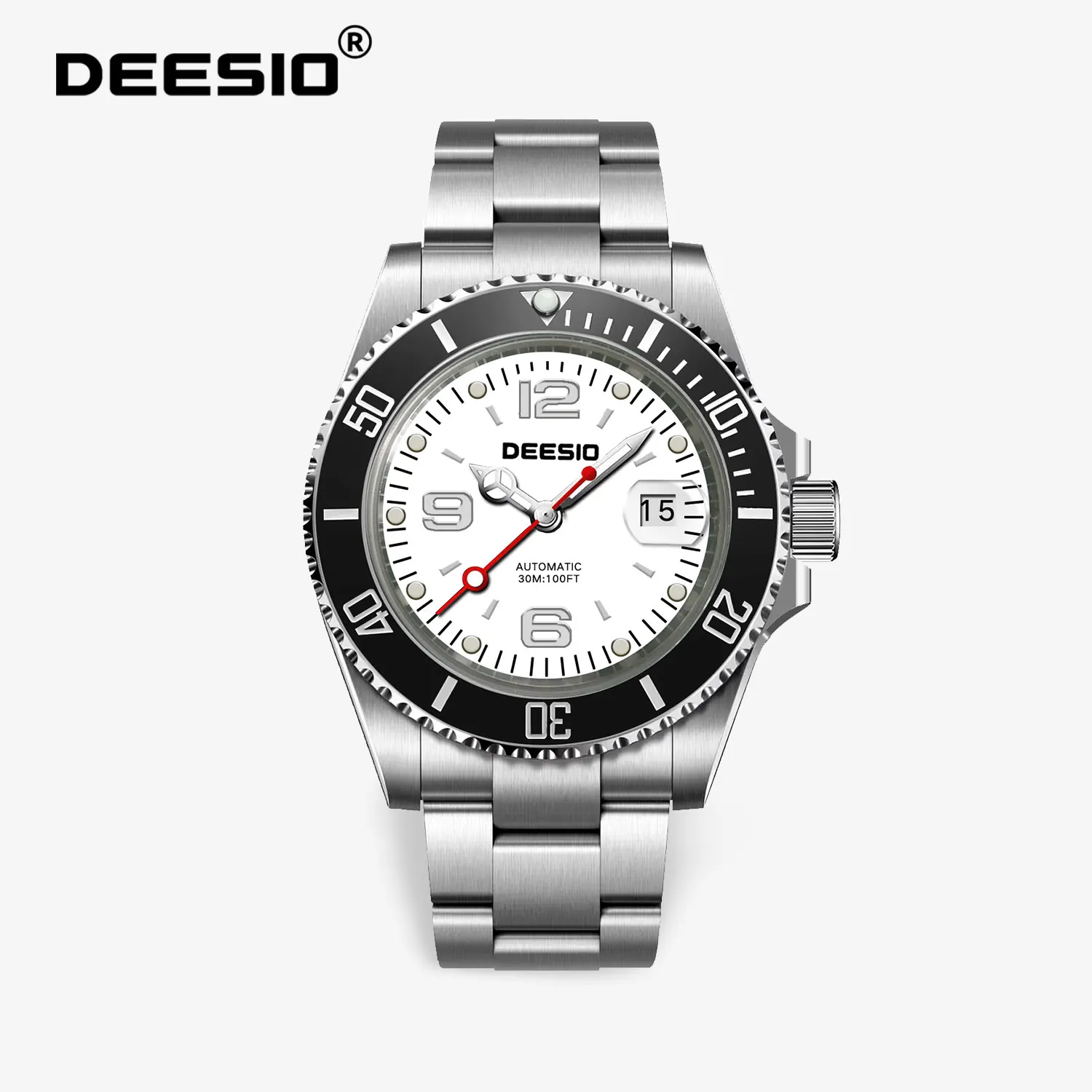 Deesio Neu für Herren, automatische Skelettuhr, Edelstahl, mechanisch, Luxus-Kleideruhr, Saphirglas, leuchtend, 4-Farben-Geschenk