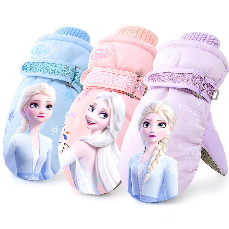 

Disney Elsa Cartoon Cute Girl Finger Ski Gloves Creative Kawaii Velvet Thickened Warm and Waterproof Children's Gloves