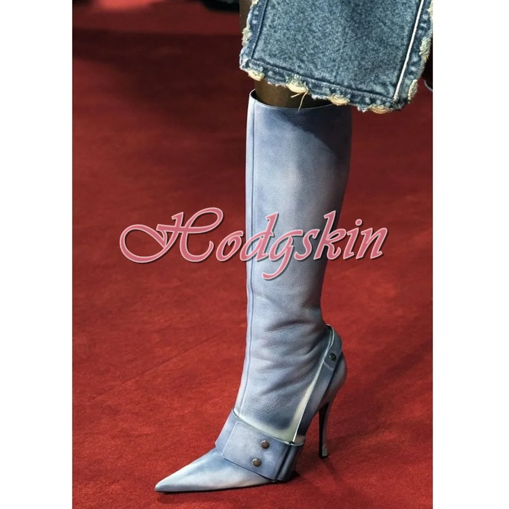 

Denim Rivet Buckles Boots Straps Stiletto Heels Sexy Knee High Boots Pointed Toe Side Zipper New Style Winter Party Dress Shoes