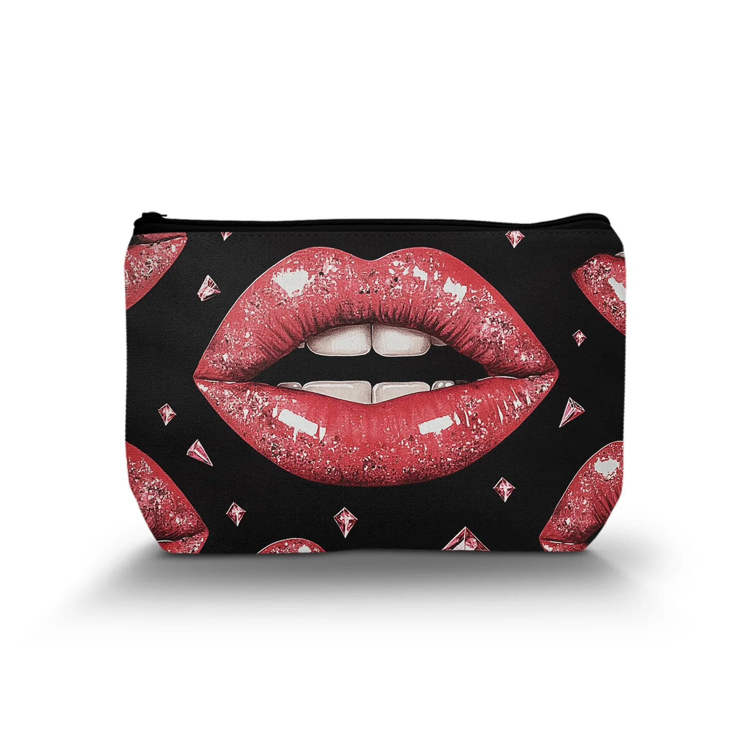 1Pc Artistic Red Lips Diamond Design Cosmetic Bag Women'S Portable Cosmetic Bag Zipper Cosmetic Bag Unique Style