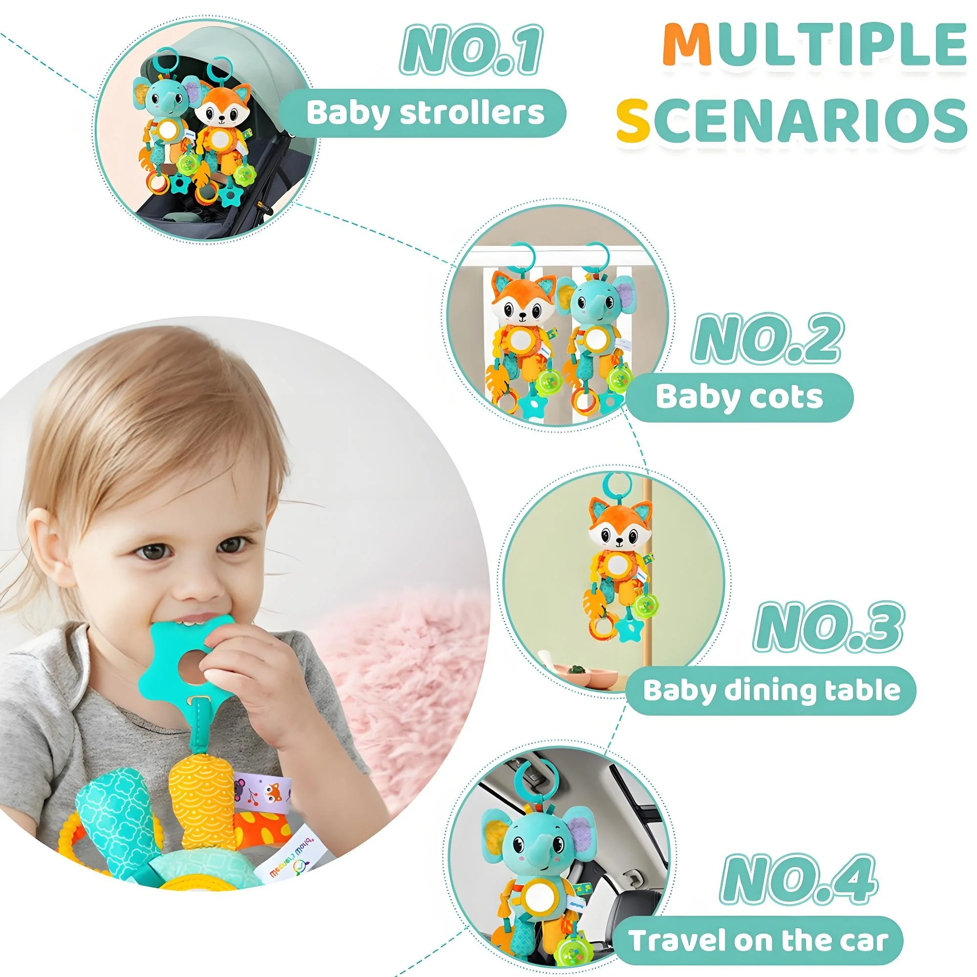 Crinkle piepend pluche dierenspeelgoed |   Multi-zintuiglijke hangende activiteit met bijtring |   voor kinderwagen wieg en autostoelontwikkeling