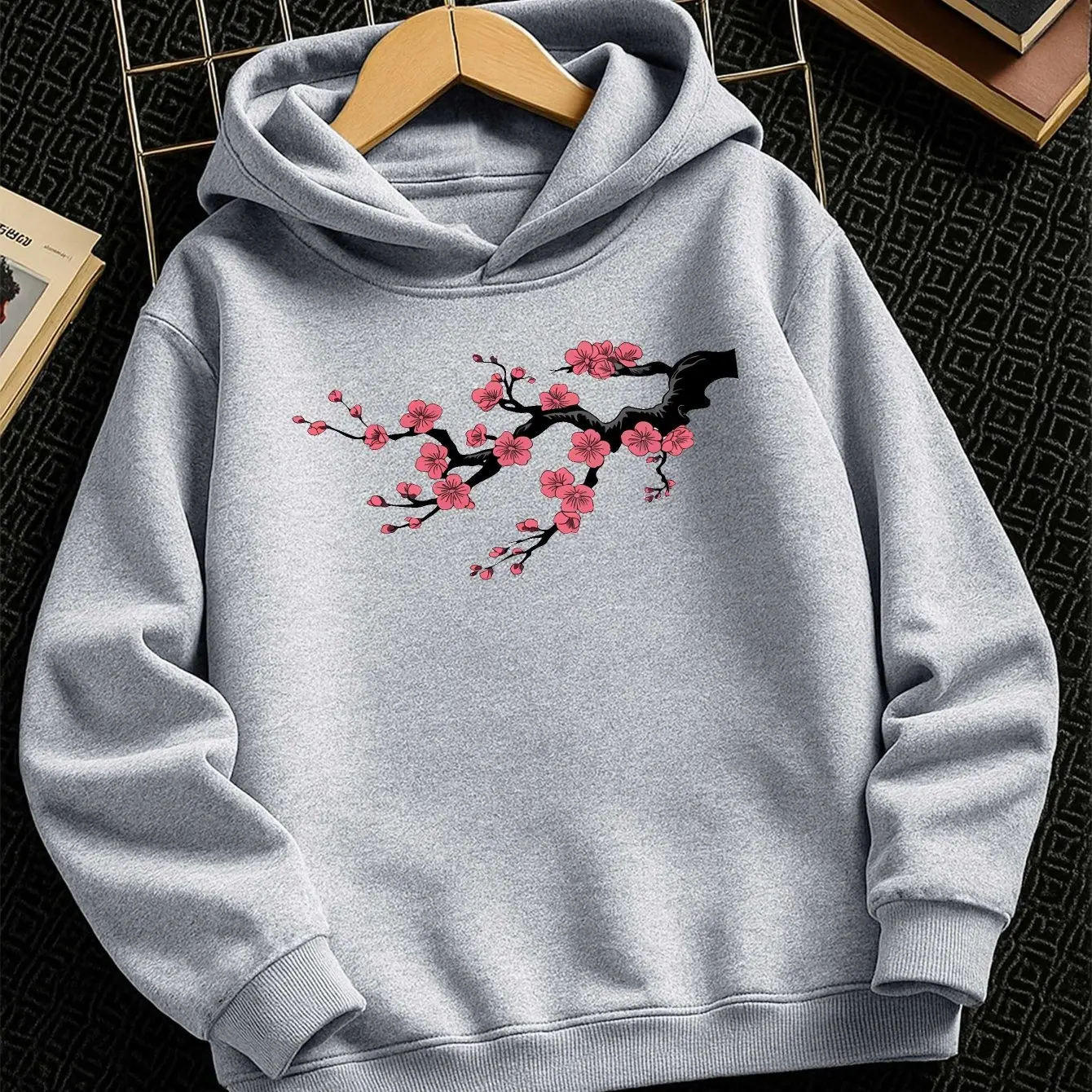 New Autumn/Winter Tokyo Cherry Blossom Style Boys' Fashionable Casual Hoodie with Sporty Print Outdoor Sportswear