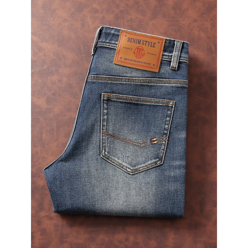 

Осенне-зимние толстые синие мужские джинсы, высококачественные модные эластичные облегающие маленькие прямые брюки, модная мужская одежда