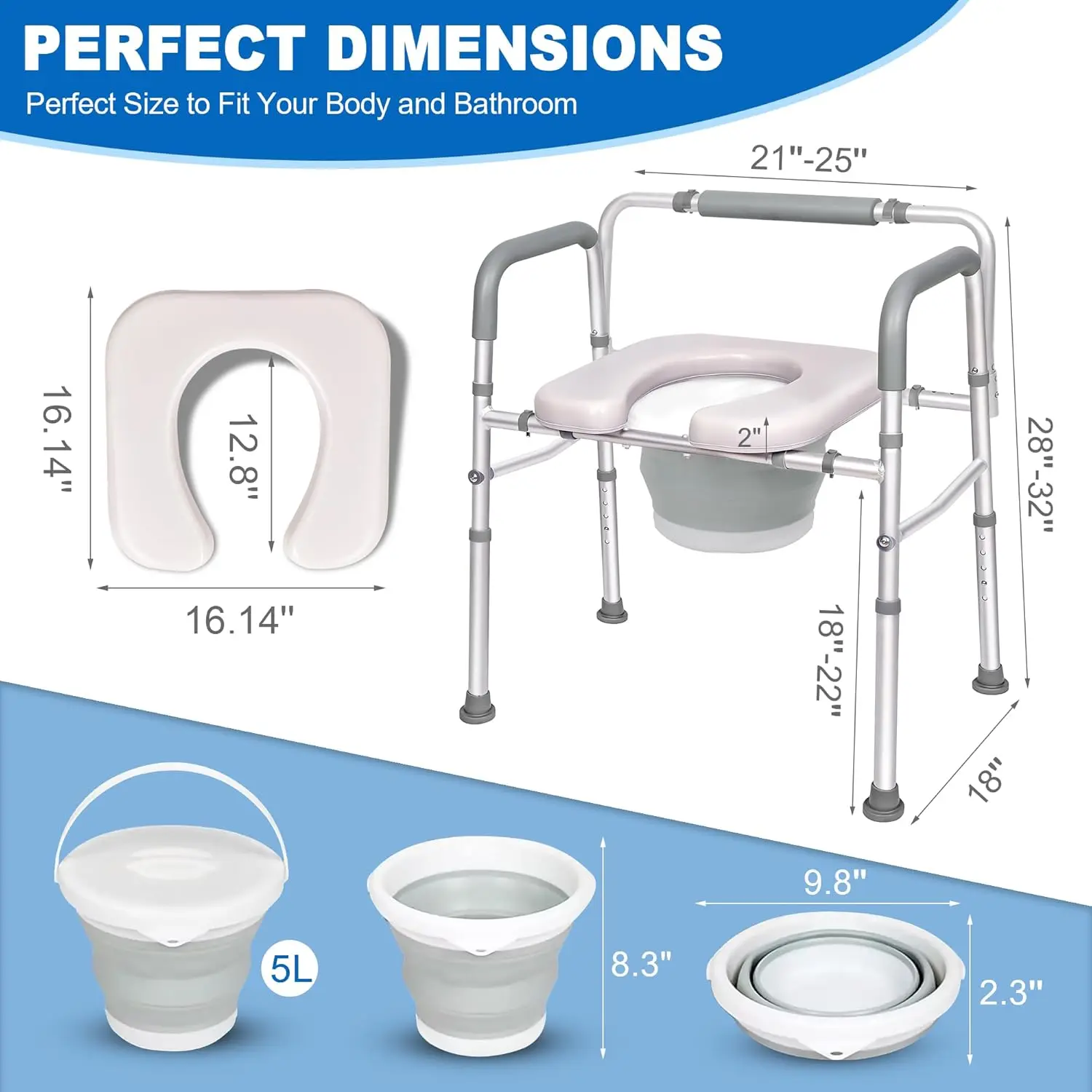 3 in 1 Commode Chair for Toilet with Arms, 500 lbs Bedside Commode Chair for Toilet with Bucket 4.4Qt, Width Adjustable Bedside