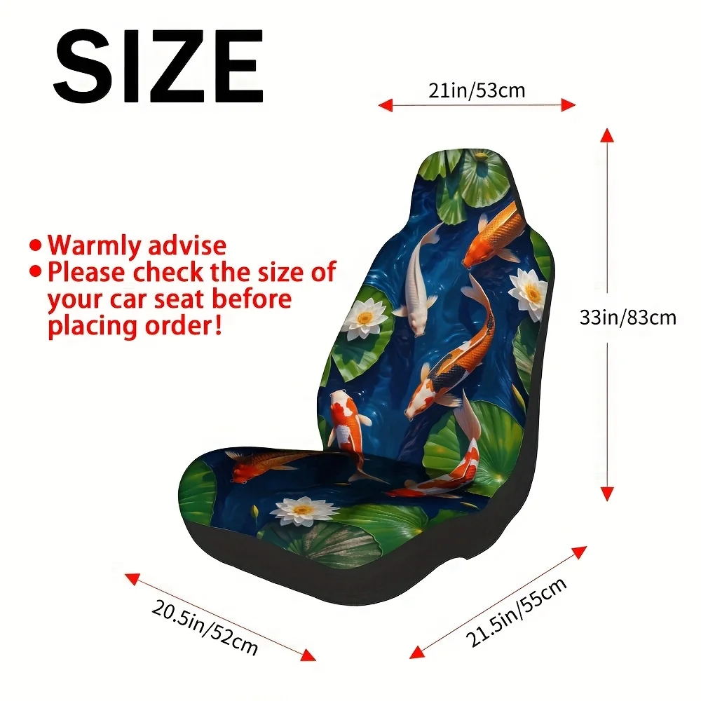 2pcs Koi Fish & Lily Pond Car Seat Covers - Japanese-Inspired & Golden Fish Design, Foldable Washable Polyester, Fit For Single