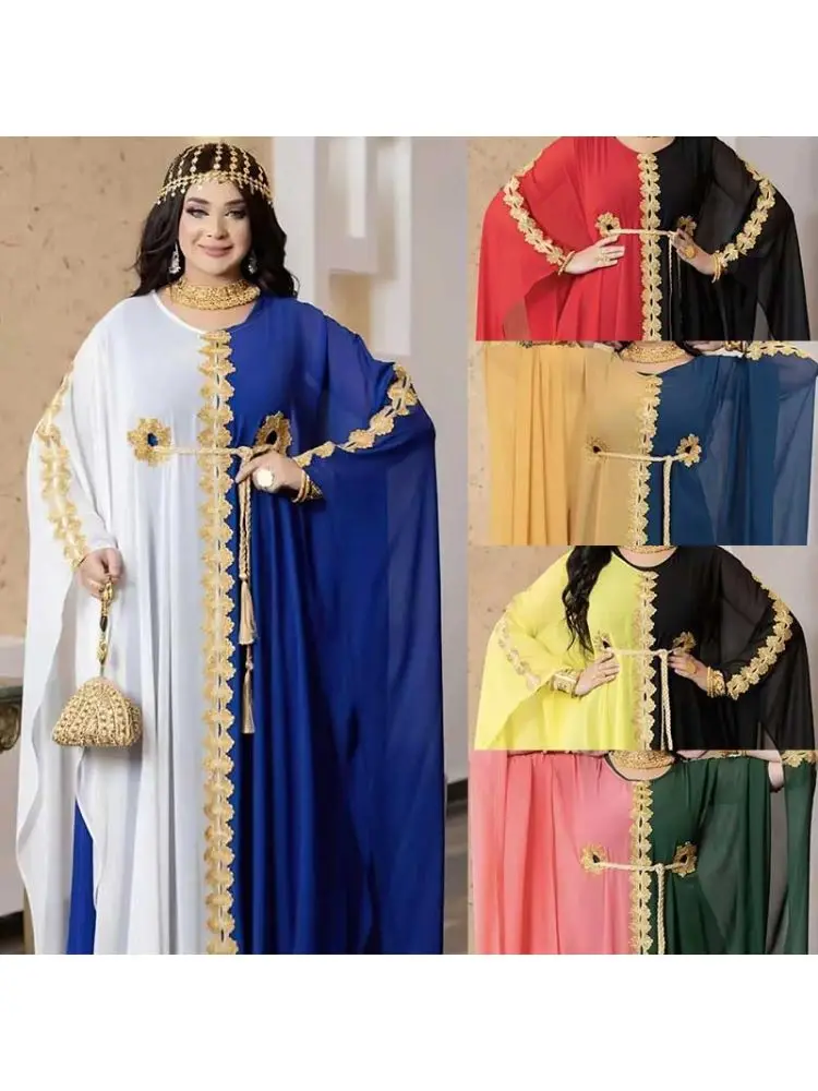 

Новое трансграничное платье-рубашка с рукавами «летучая мышь» и вышивкой, шифоновое, в стиле колор-блок, длинное, больших размеров, с цветочным декором