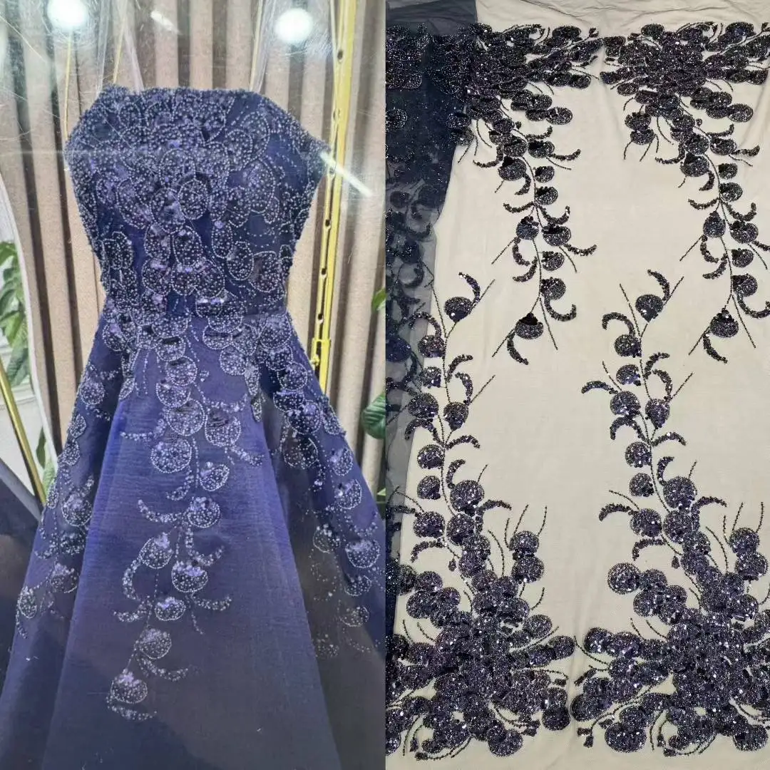 

5 Yards African Bridal Lace Fabric with Sequins Beaded Embroidery High Quality French Tulle for Wedding Groom Nigerian Style