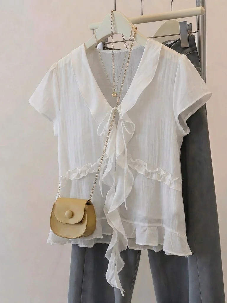 

Beautiful Women's V-neck Shirt with Lace Trim Regular Sleeve Short Sleeve Summer New Style plus Size Korean Style Office Wear
