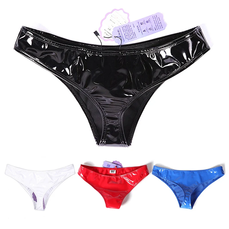 Men Women Sexy Latex Leather Shiny Wet Look Panties Low Waist Sexy Bikini Thong Brief Clubwear Glossy Thong