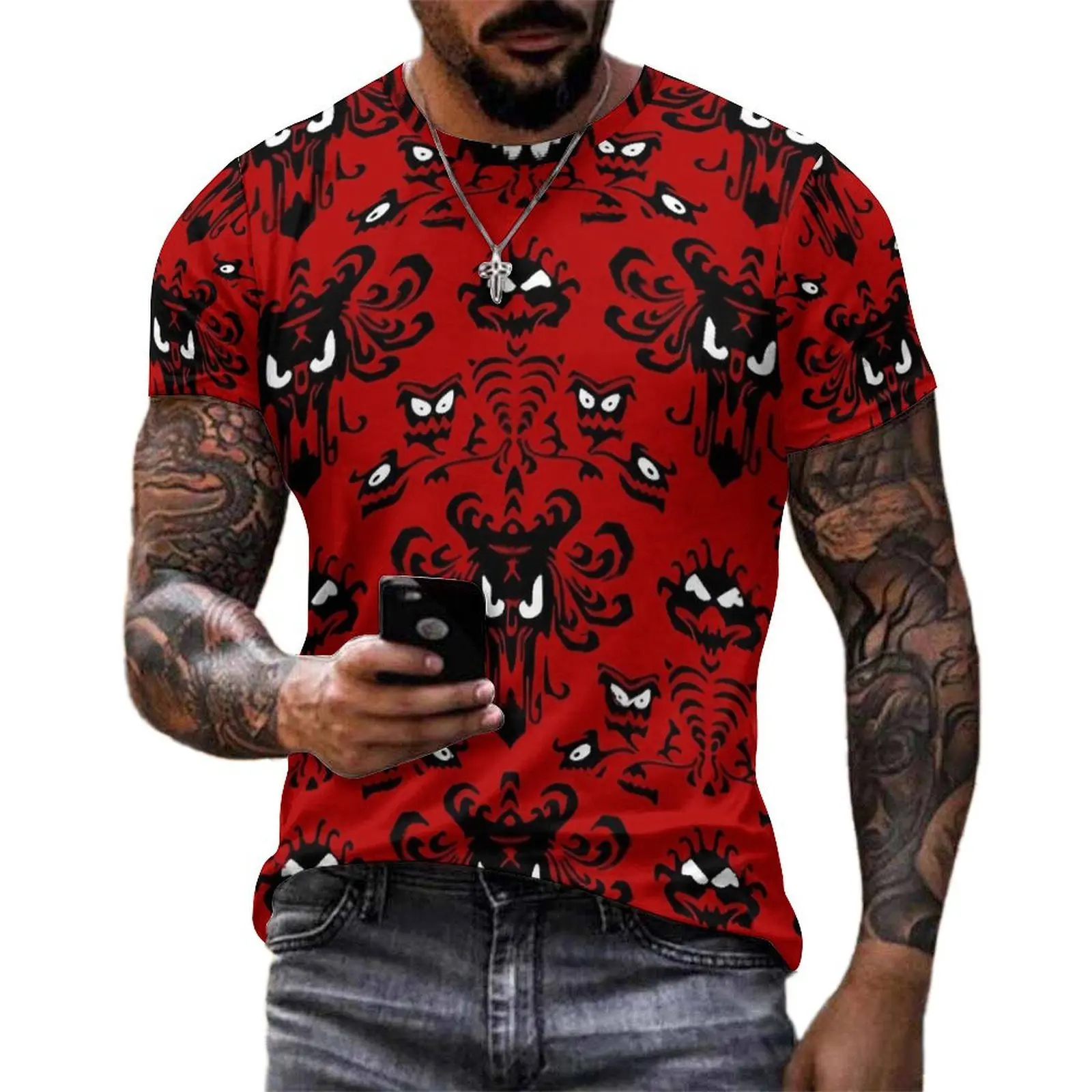 Red Haunted Mansion T Shirt For Men Retro Print O Neck T-Shirts Summer Novelty Clothing Short Sleeves Awesome Oversize Tee Shirt