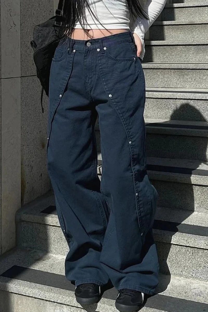 Dżinsy damskie Y2k, luźny krój, szerokie nogawki, spodnie w stylu vintage, amerykańskim retro z nitami, patchworkiem i rozcięciami.