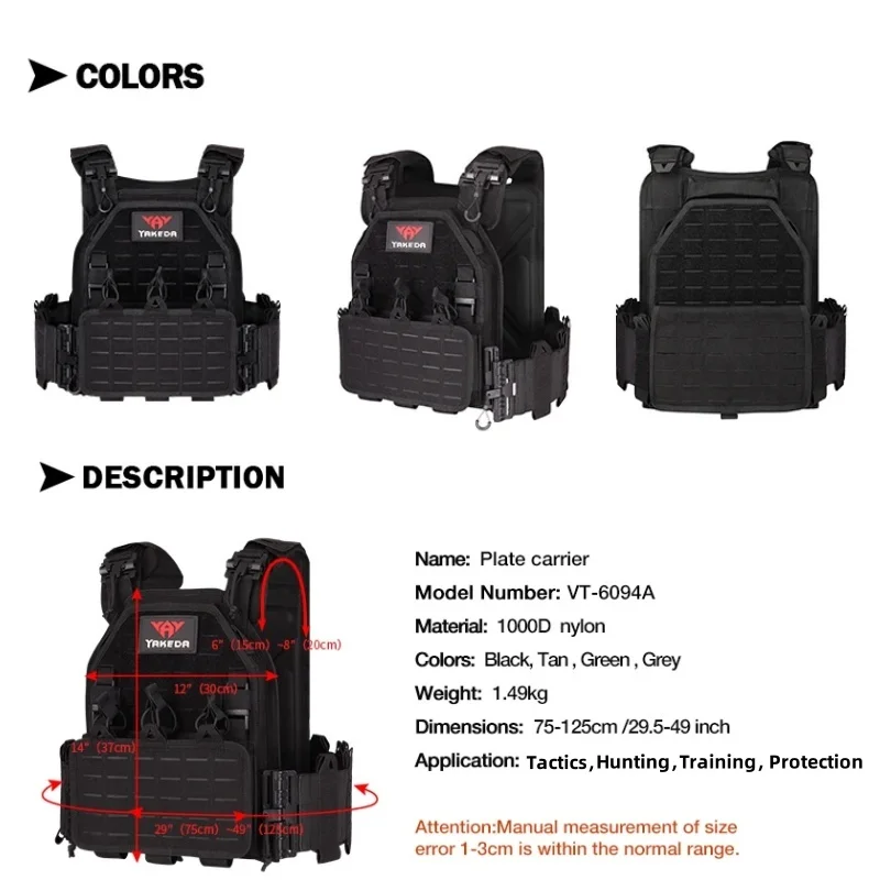 YAKEDA Tactical Vest 6094 Fast Detachable Light Laser Cut Outdoor Hunting Black Gear Carry Vest of High Quality