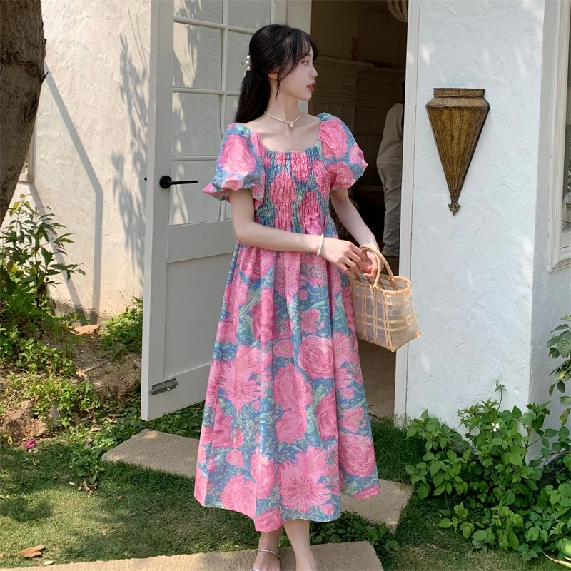 Summer New Sle Women's Floral Print Long Dr Square Collar Lantern Sve plus Size A-Line Skirt High Waist ort Sve