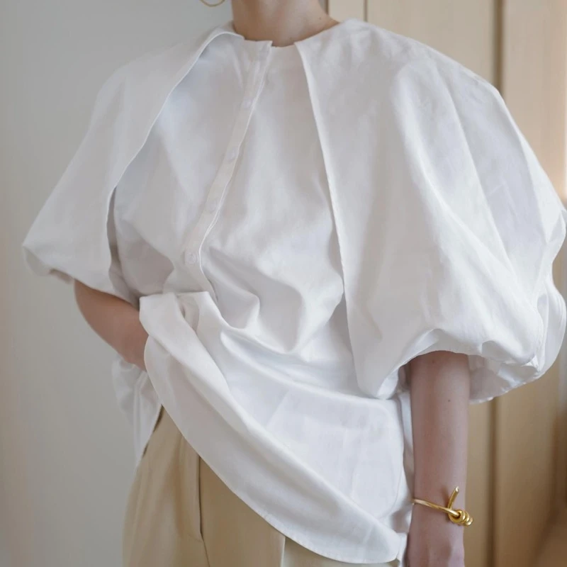 Neploe Loose Thin Button Mujer Blusa 2024 Summer New Japanese Retro Elegant White Shirt Round Neck Lantern Sleeve Femme Blouse