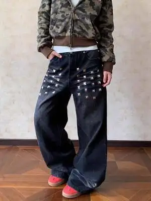American Retro Washed Rivet Wide Leg Jeans Men Autumn and Winter New Loose Casual Slim Straight Pants