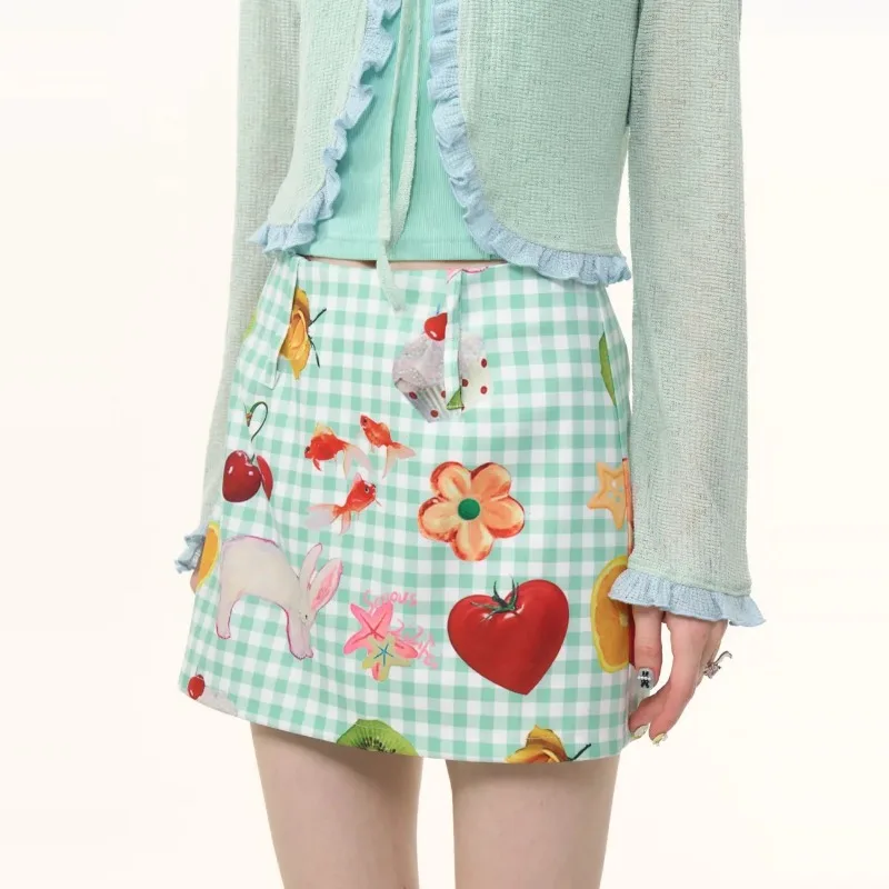 Women's Green Gingham Cartoon Print Mini Skirt Cute A-line Skirt with Rabbit Fruit Patterns for Casual Wear