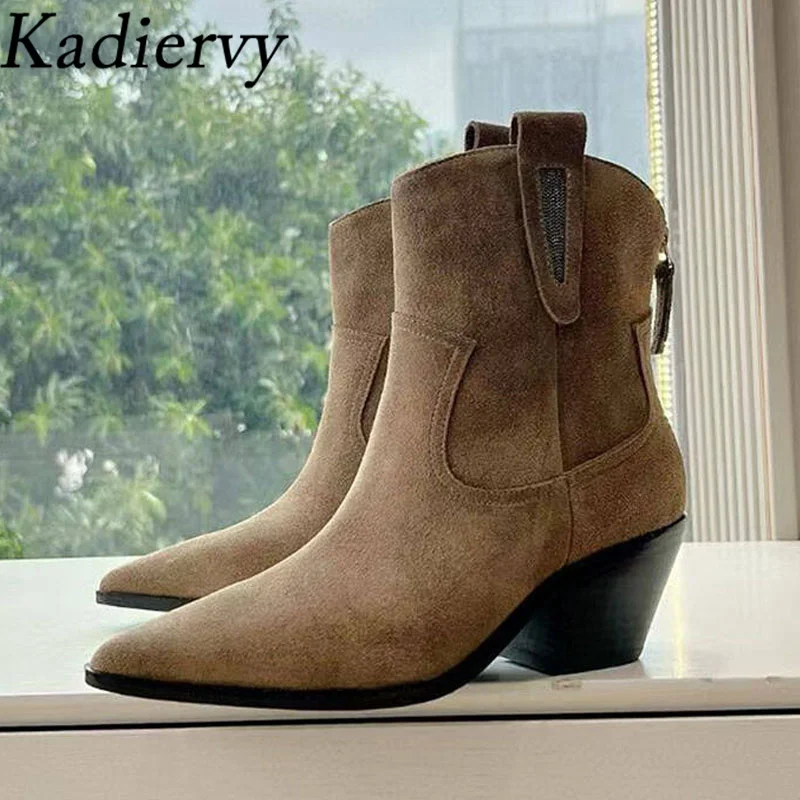 

Suede Leather Western Cowboy Boots Woman String Bead Ankle Boots Square Heels Shoes Women High Heels Knight Short Boots Woman