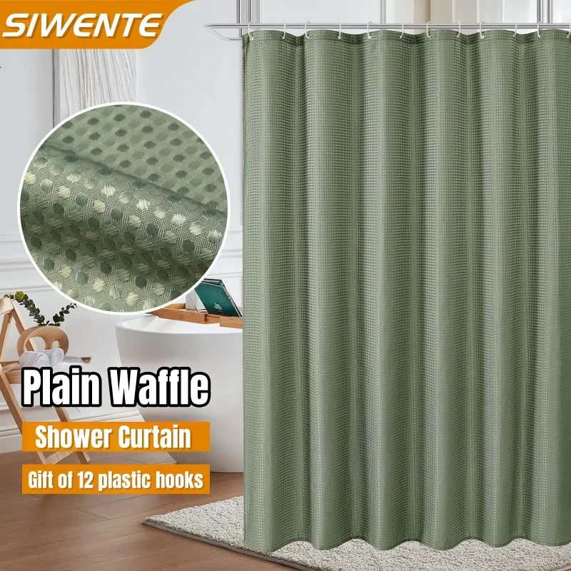 

Washable Plain Waffle Shower Curtains Mildew-proof Shading Curtains with Hooks Protecting Privacy Bathroom Partition Curtains