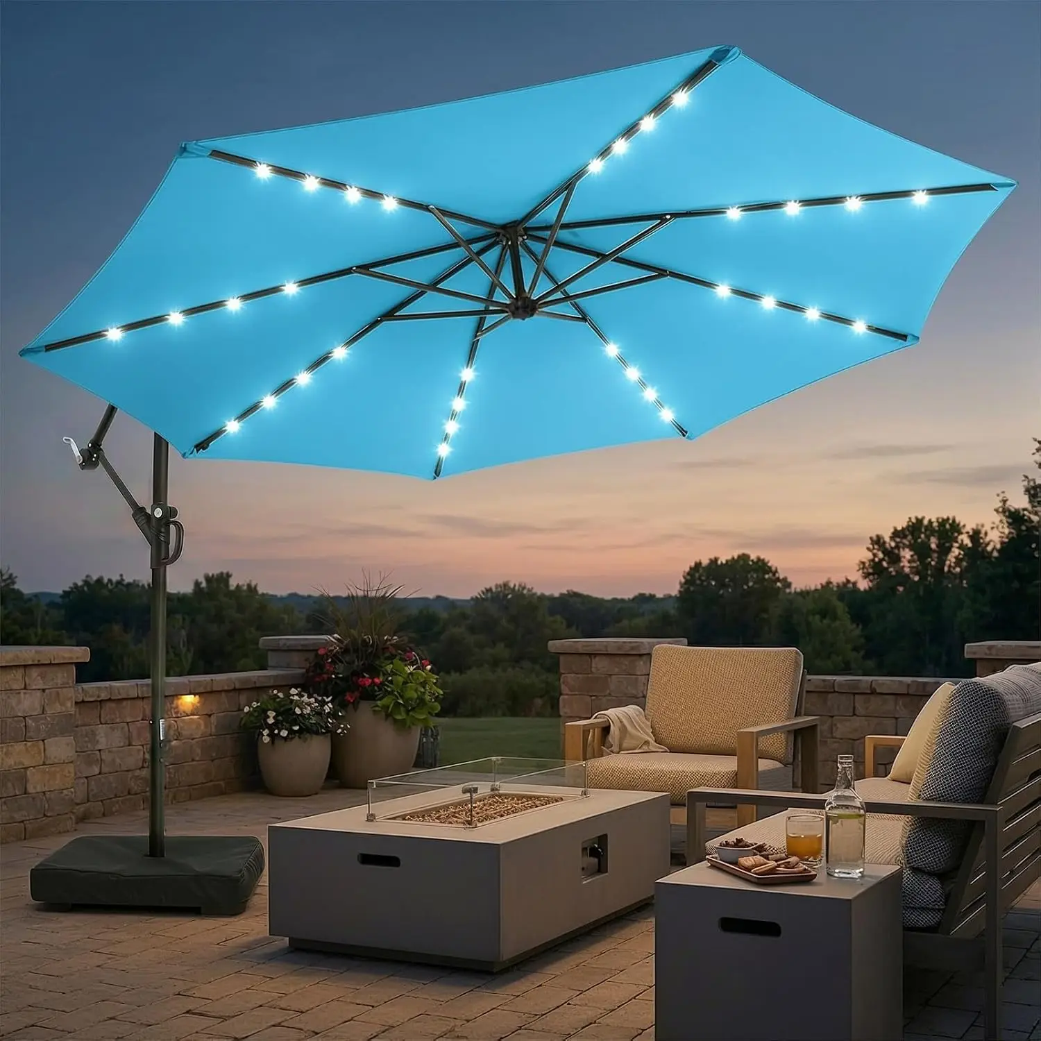 10ft Solar LED Offset Patio Umbrella w/ Weighted Base, Cantilever Backyard Garden Deck 32 LED Polyester Shade, Customized