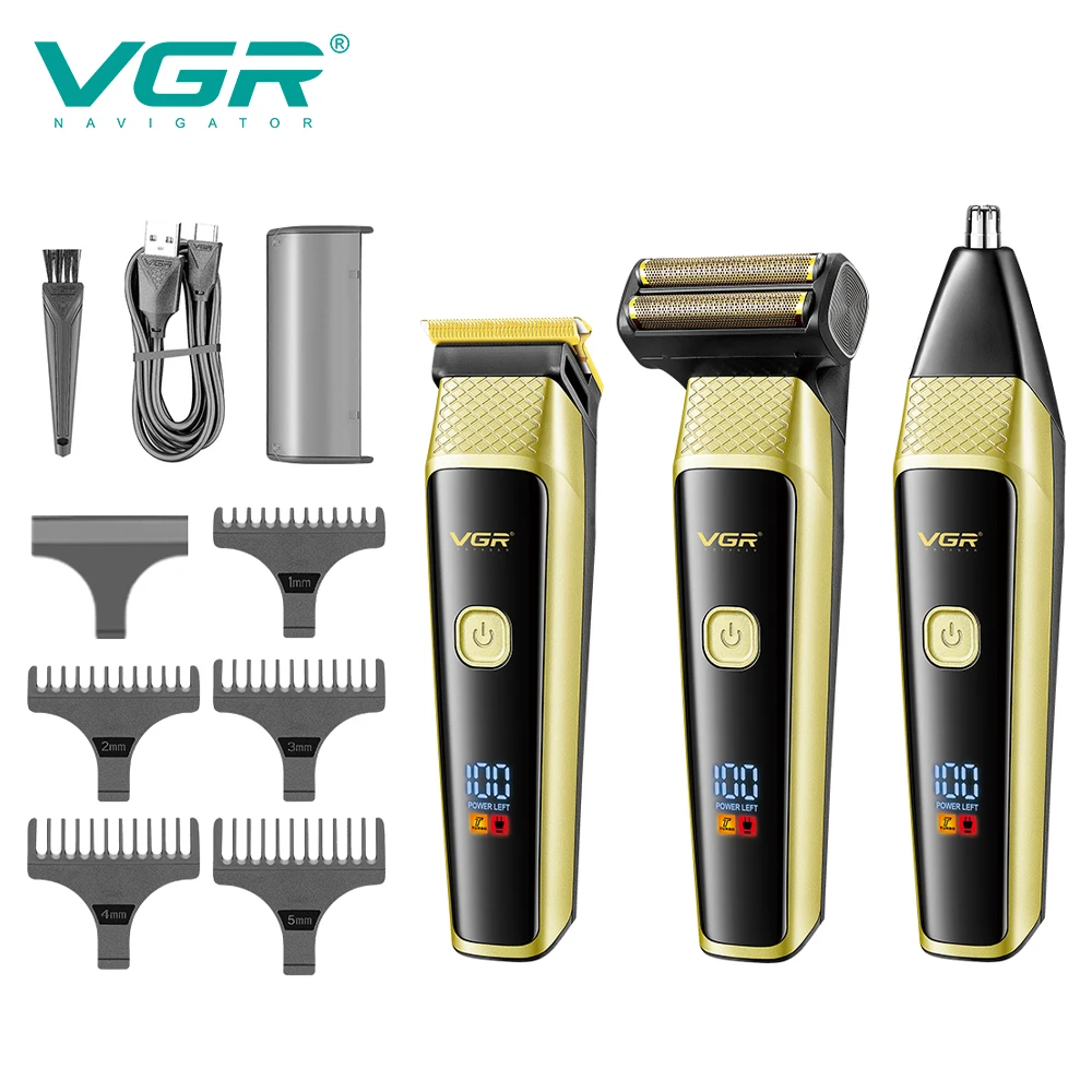 VGR 3-in-1 Hair Trimming Set Electric Hair Clipper Nose Hair Trimmer Men's Shaver Cleaning and Hair Removal Machine V-366