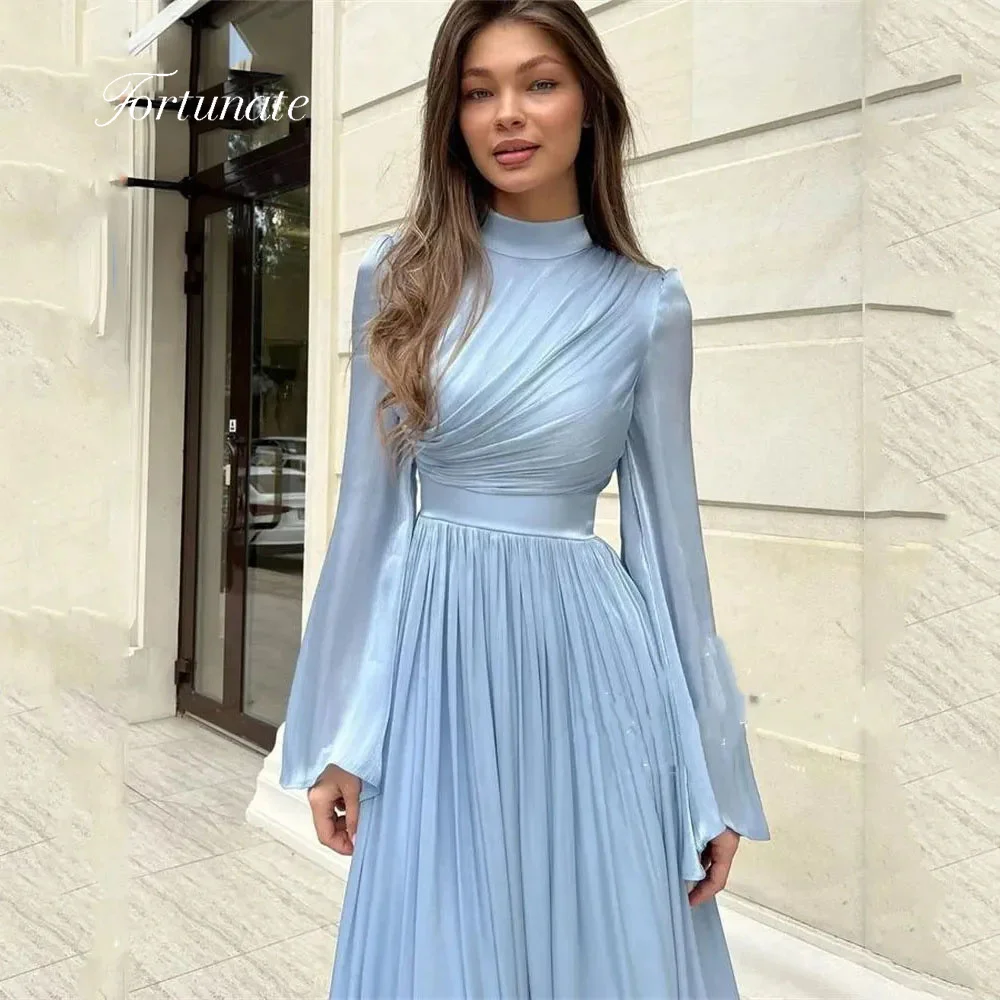 Fortunate Sky Blue Chiffon Pleats Evening Dress A-line High Collar Long Sleeve Ankle Length Formal Occasion Evening Dresses 2024