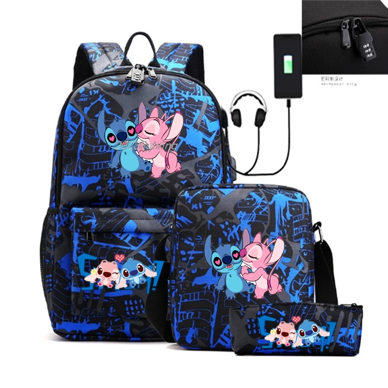 Lilo Stitch Schoolbag 3pcs USB Charge Capacity Backpack Student Laptop Backpack Boys Girls Anime Cartoon Backpacks Mochila