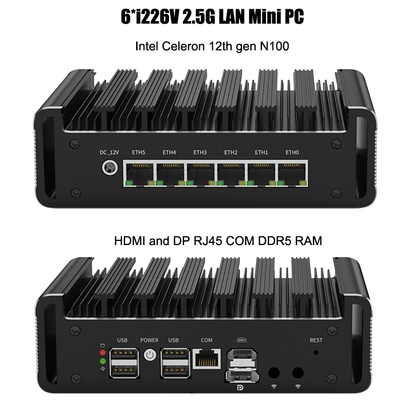 

6*i226-V 2.5G LAN Firewall Appliance Fanless Mini PC intel Celeron 12th gen N100 2*HDMI pfSense PVE Computer 1*COM DDR5 Router