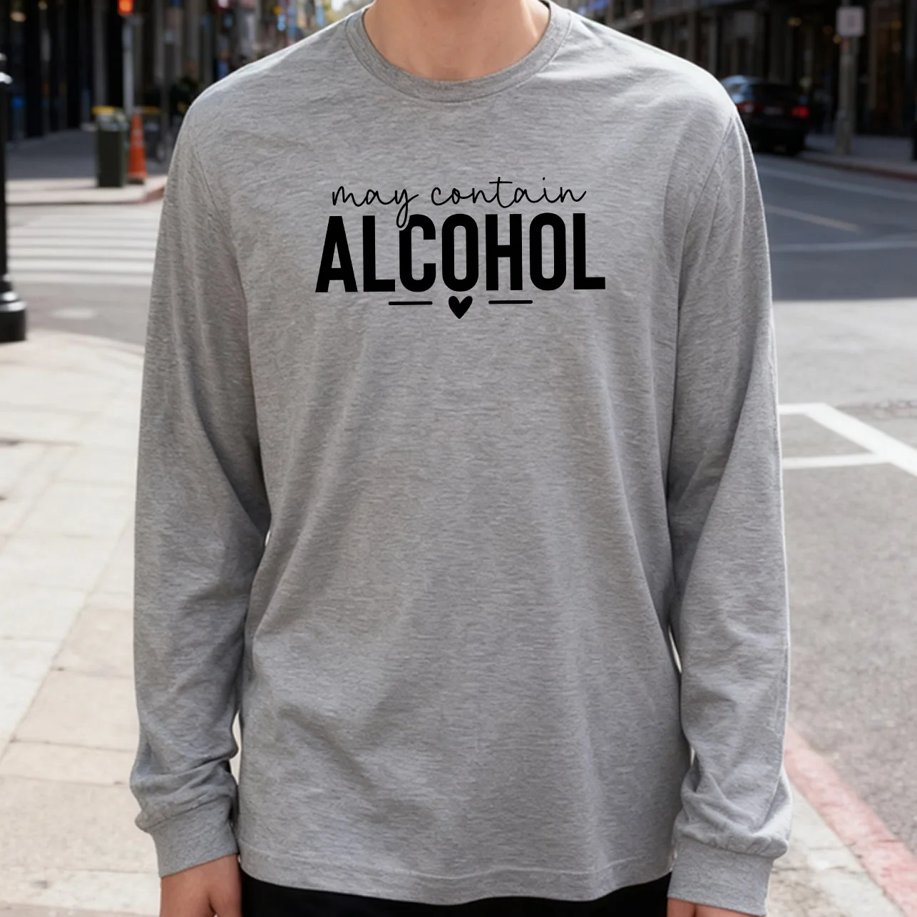 May Contain Alcohol Men's Long Sleeve Tee 100% Cotton 180g Crew Neck Casual Daily Style Soft and Breathable