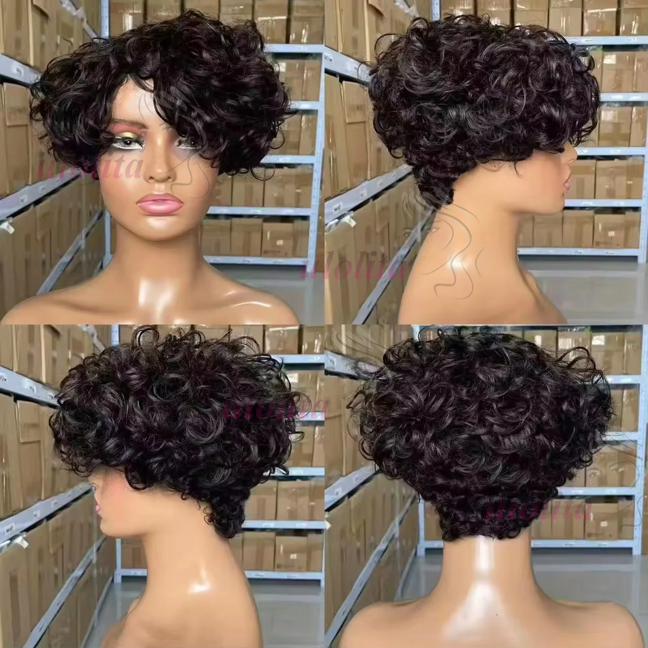 Cheap Machine Made Wig 100% Brazilian Human Hair Pixie Cut Wigs Short Kinky Curly Loose Curly Non Lace Wigs with Bangs for Women