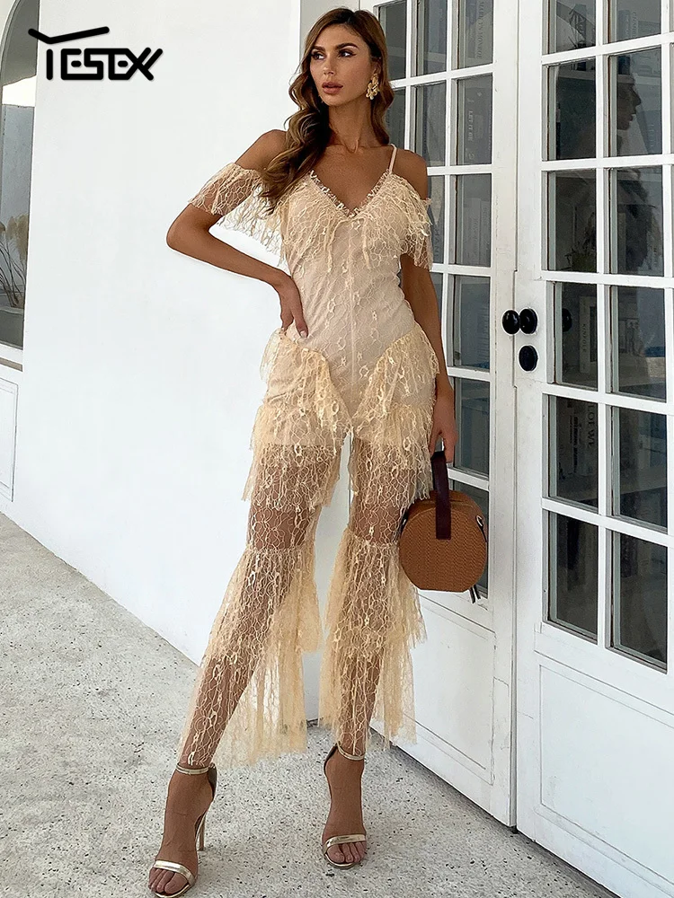 Yesexy New Bodysuit Women's Summer Sexy Lace Combination Spaghetti Strap Bodysuit Elegant V Neck Bodysuit Fit Bodysuit