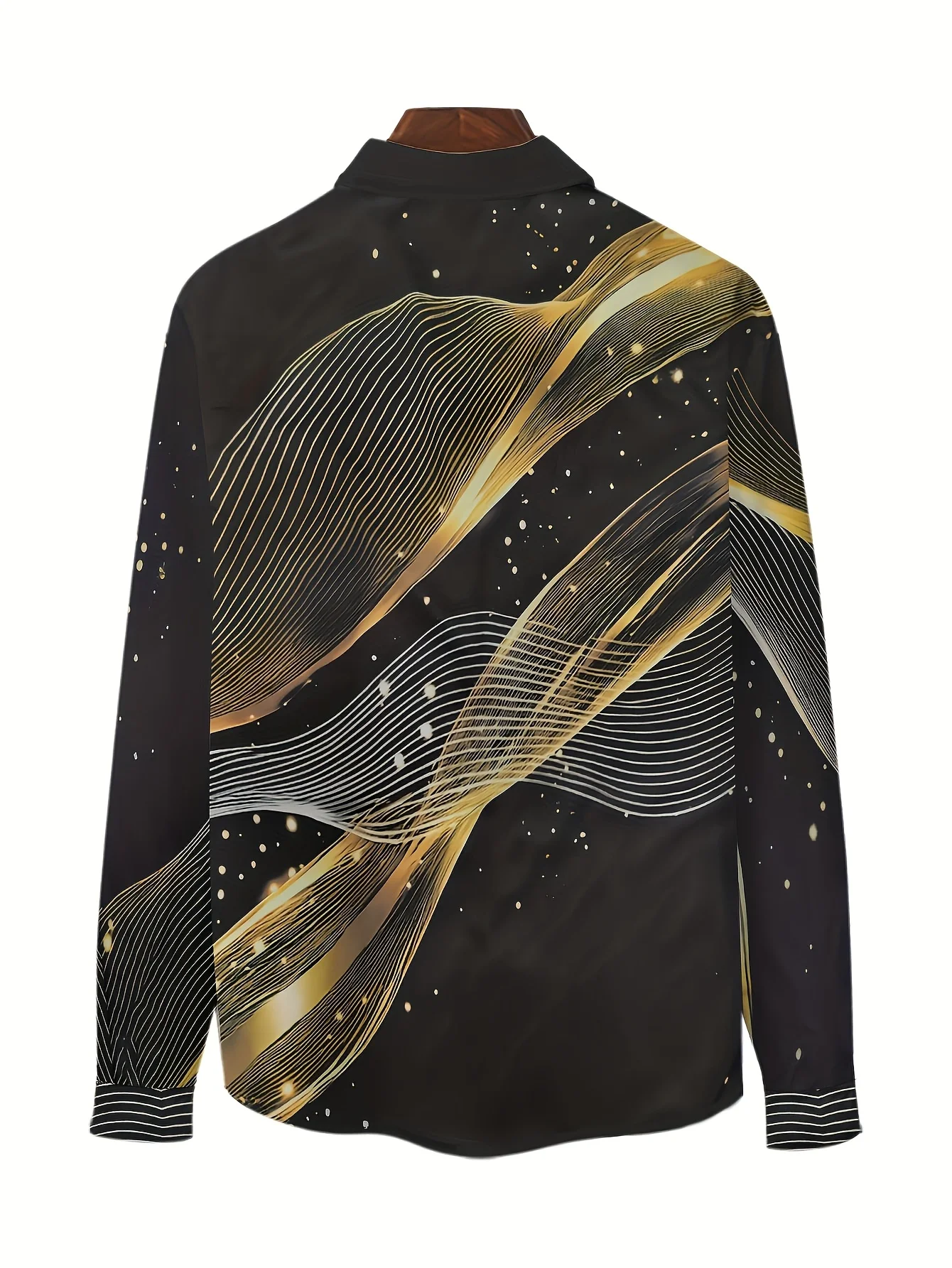 Men Long Sleeve Button Down Shirt Black Gold Silver Glitter Swirl Line Print Polyester Lapel Collar Party