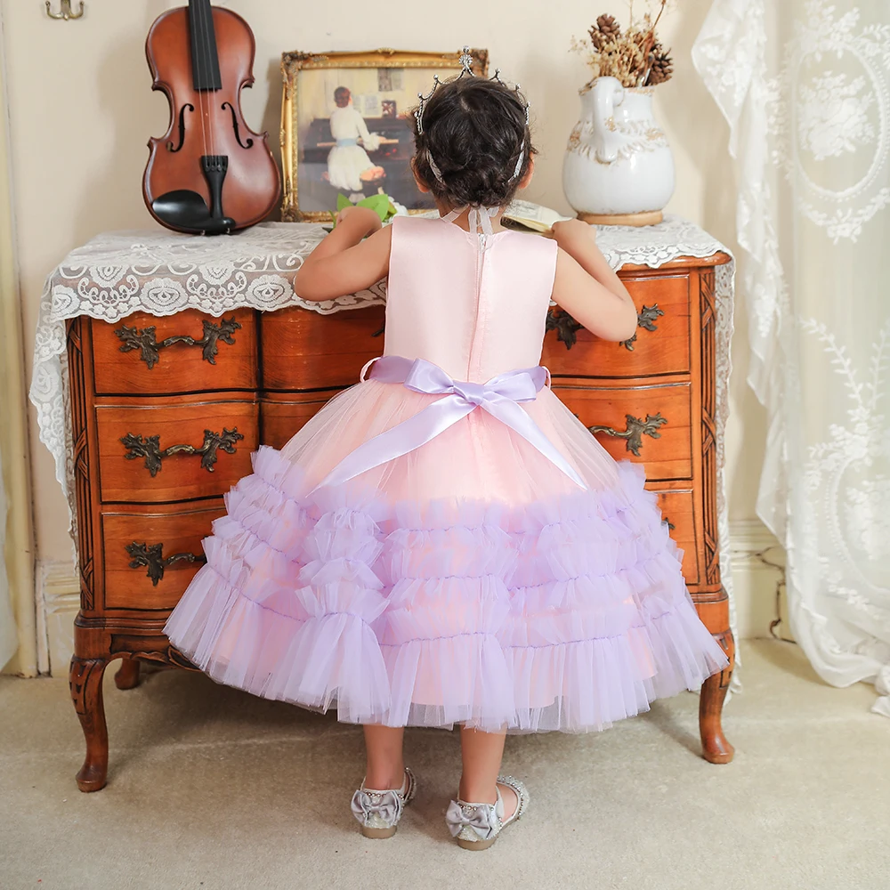 2023 Pink Puffy Cake Party Dress for Baby Girl Christmas First Baptism Lace Bow Princess Dresses Kids Tutu Birthday Wedding Gown