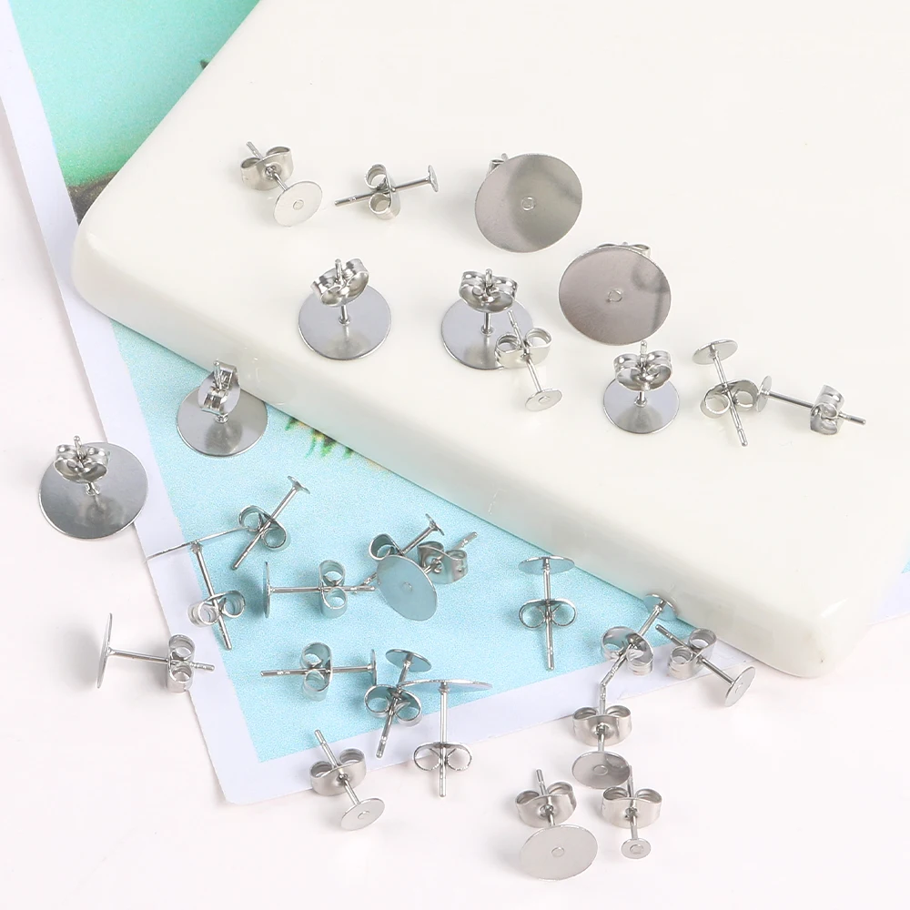 

50pcs3/4/5/6/8/10/12mm Stainless Steel Earring Studs Blank Post Base Pins With Earring Stoppers Back Plug Diy Earrings Materials