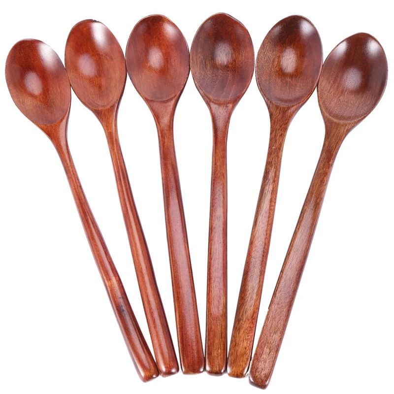 Wooden Spoons, 6 Pieces Wood Soup Spoons For Eating Mixing Stirring, Long Handle Spoon Kitchen Utensil