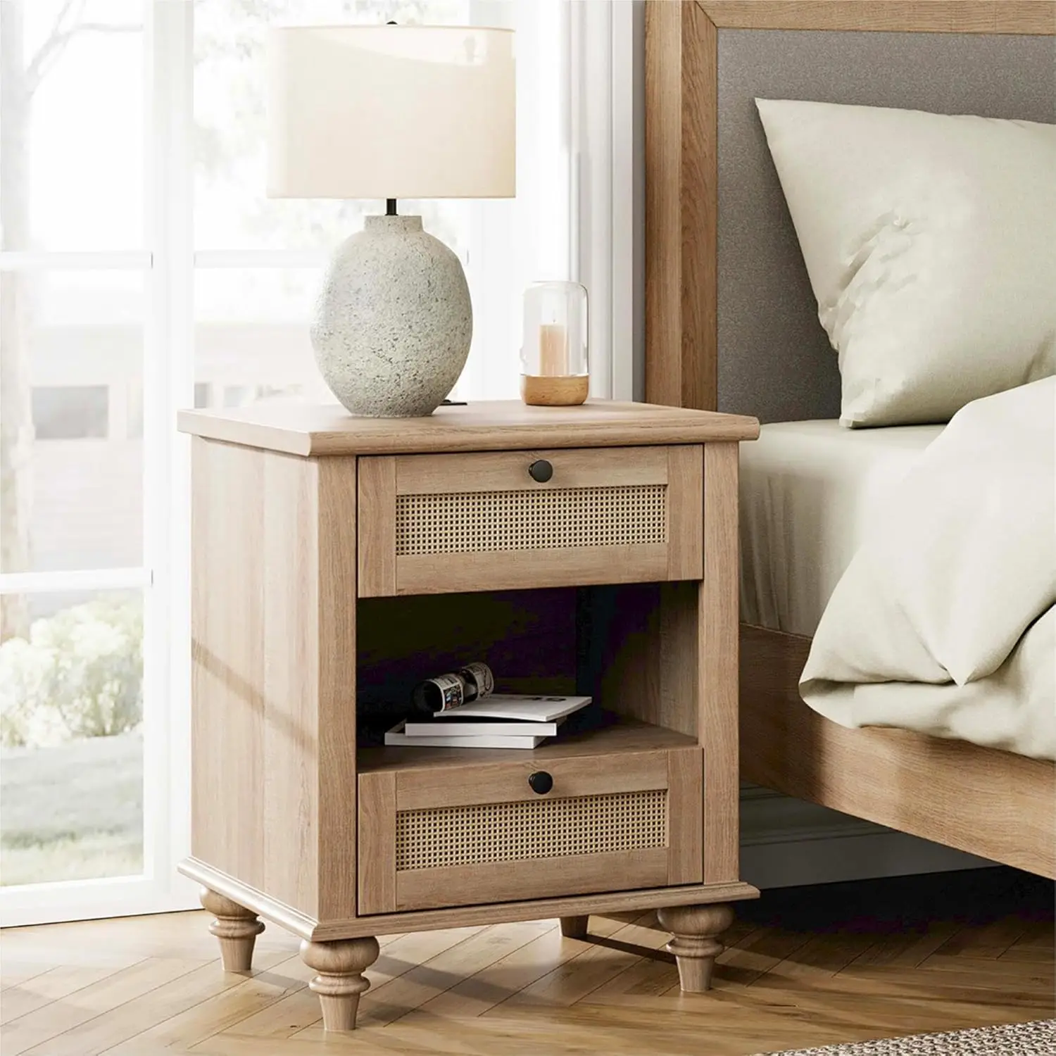 

Rattan Nightstand Side Table with Charging Station, Light Wood End Table with 2 Drawers for Living Room, Rustic Farmhouse Night