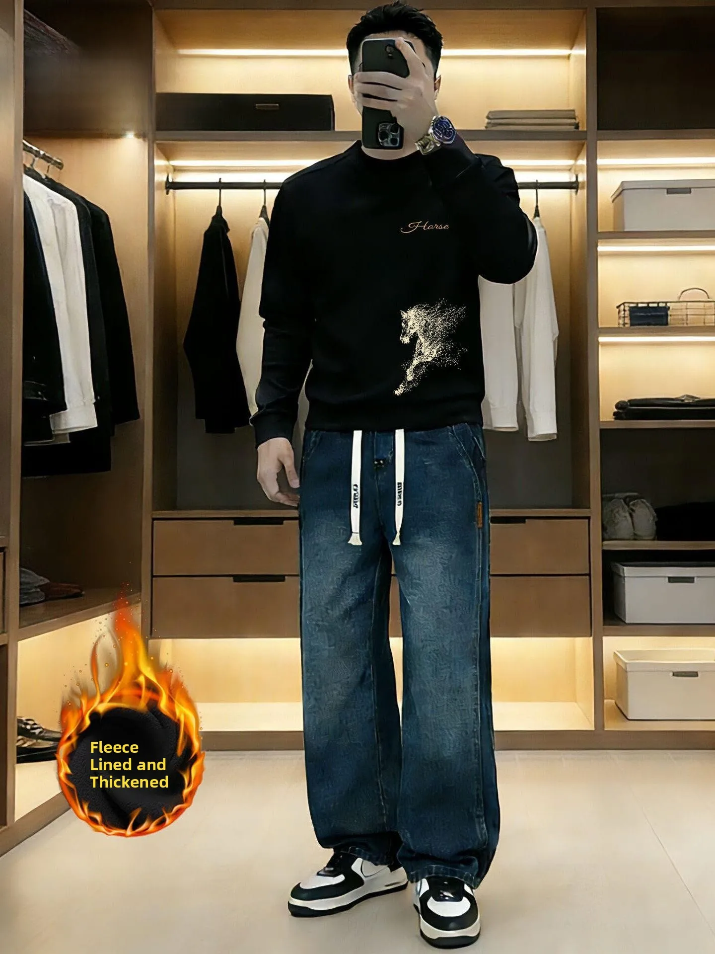 

Комплект джинсов свободного кроя с начесом для мужчин: толстовка с круглым вырезом и длинными рукавами, зимняя повседневная спортивная одежда, молодежный стиль, наряд на каждый день