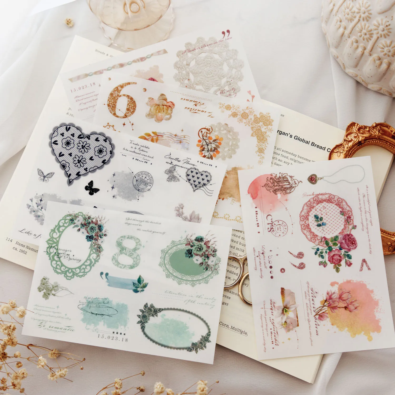 3pcs Watercolor Painting Lace Rub on Sticker for Art Journal Home Decoration Vintage Transfer Stickers Hobbies Craft Supplies