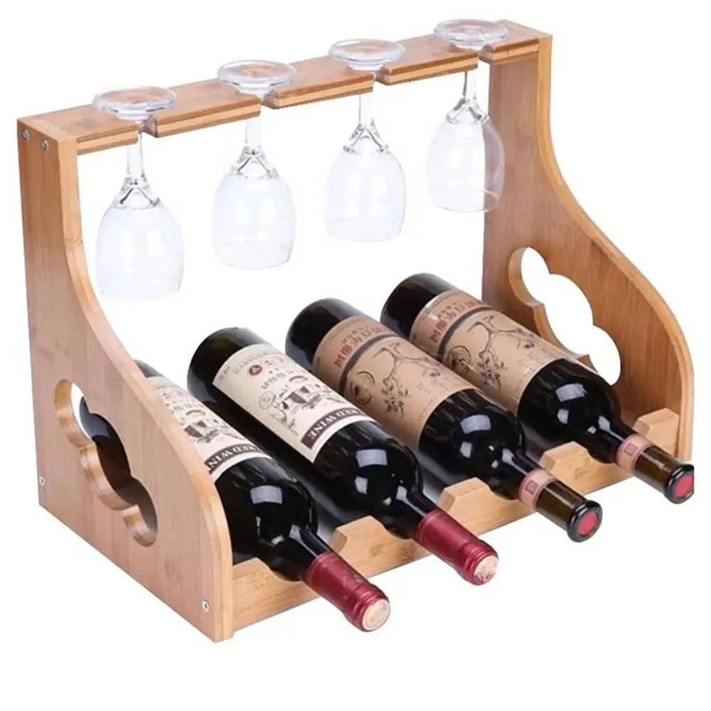 

Two Layer Bamboo Red Wine Rack Freestanding 4 Wine Bottle Wine Display Shelve 4 Tall Glasses Wine Storage Shelf for Home