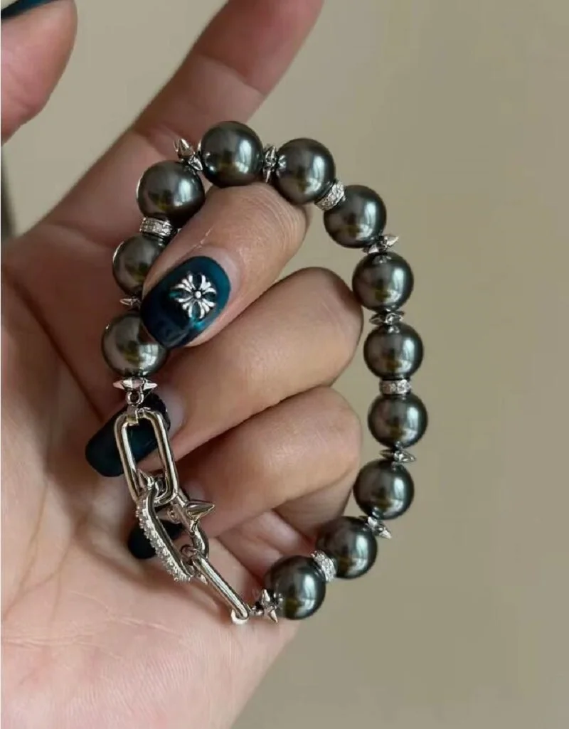 gorgeous 9-10mm tahitian round black green pearl bracelet 7.5-8