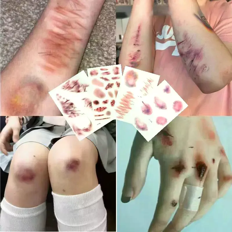 Fake Tattoo For Woman Colorful Bruise Tattoos Halloween Makeup Rainbow Heart Scar Temporary Tattoo Stickers Cosplay Body Art