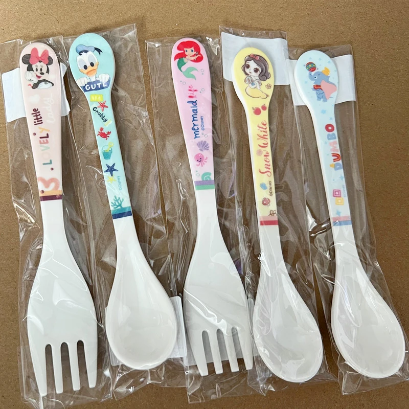 

Disney Mickey Minnie Mouse Tableware Baby Spoon Cartoon Donald Duck Cake Fruit Salade Fork Children Kids Eating Small Rice Spoon